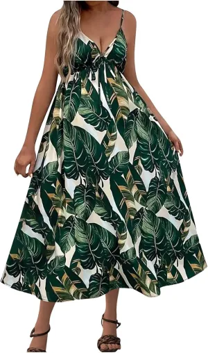 Tank Dresses for Women 2025 Plus Size Adjustable Spaghetti Strap Flower Dresses V-Neck Sleeveless Tropical midi Dress