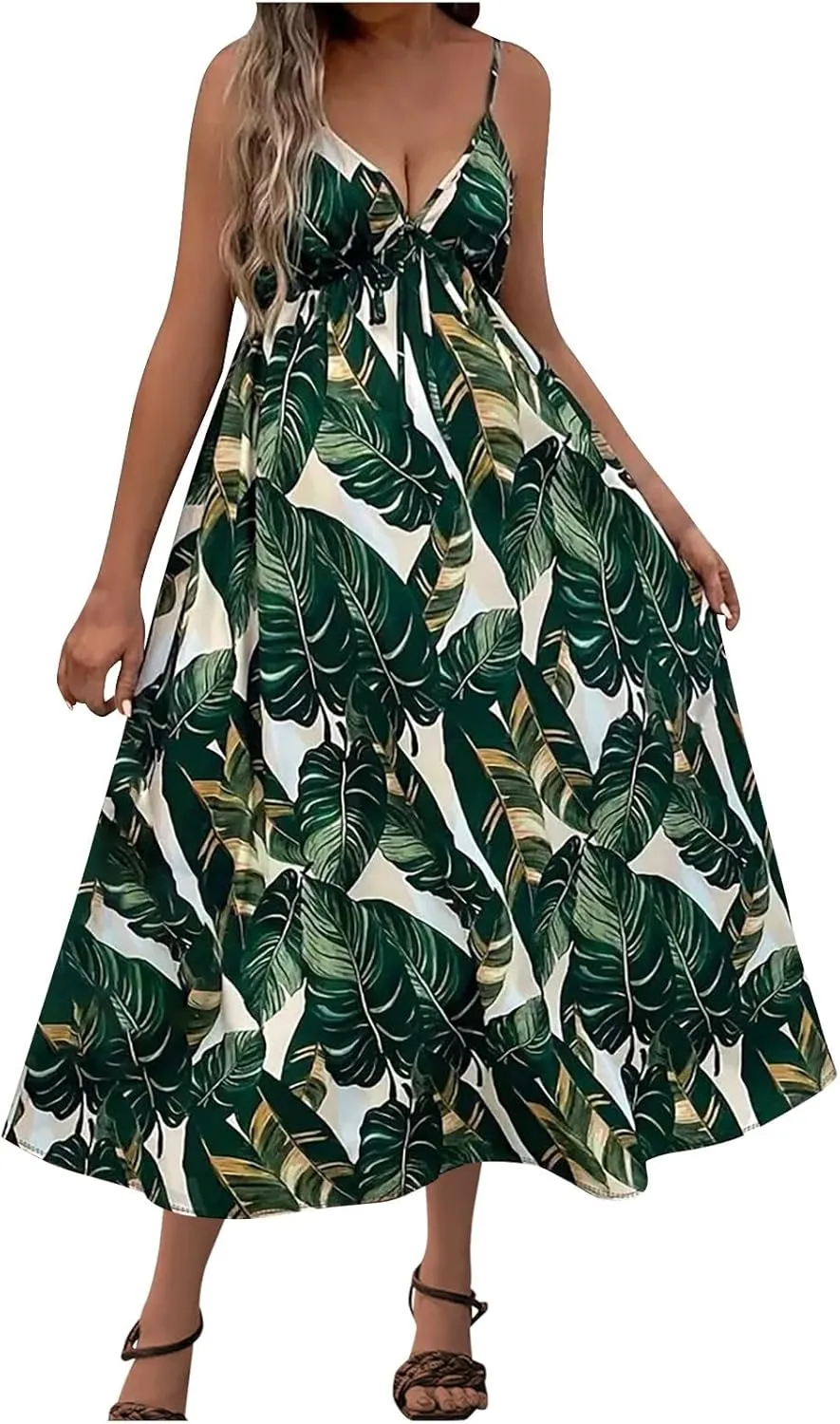 Tank Dresses for Women 2025 Plus Size Adjustable Spaghetti Strap Flower Dresses V-Neck Sleeveless Tropical midi Dress