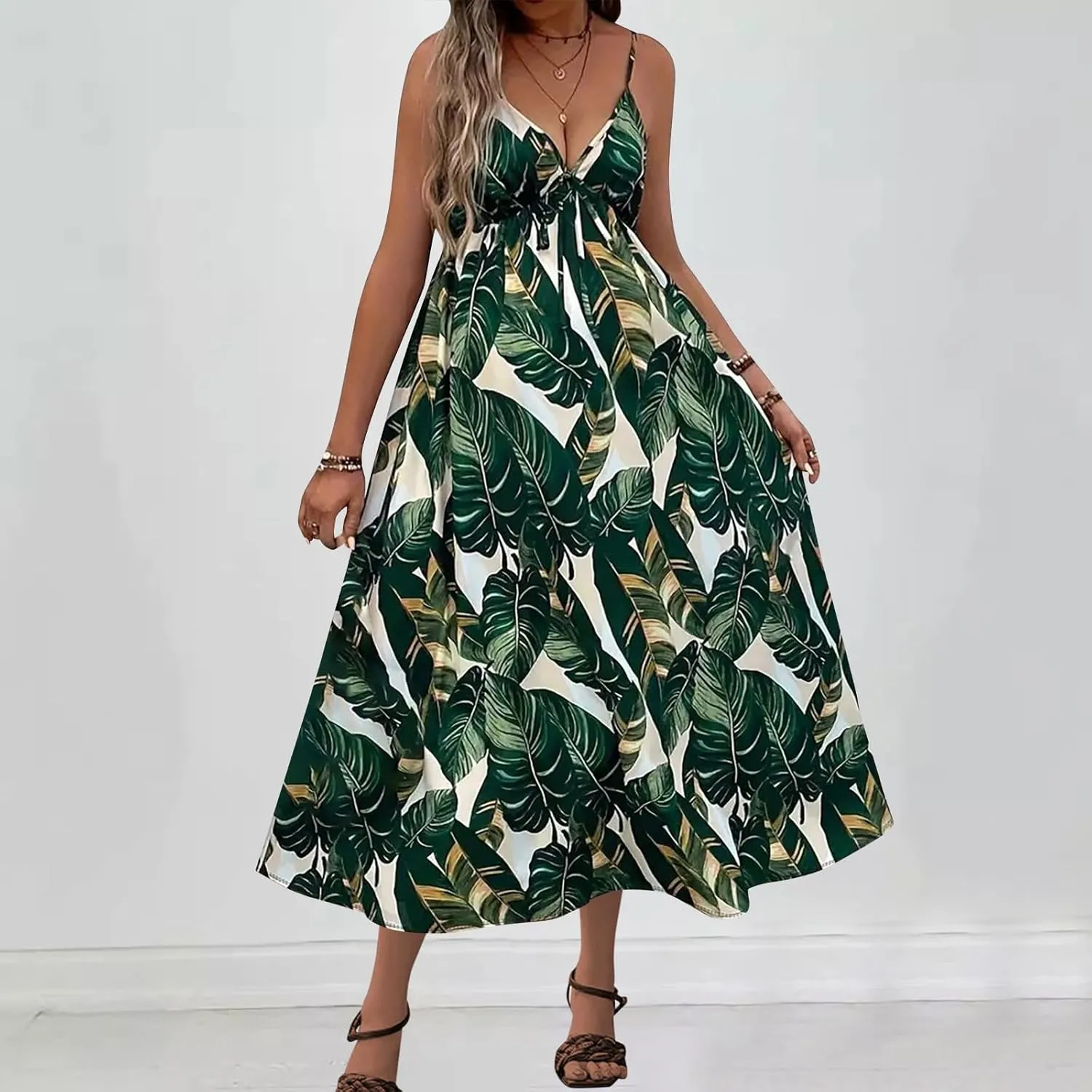 Tank Dresses for Women 2025 Plus Size Adjustable Spaghetti Strap Flower Dresses V-Neck Sleeveless Tropical midi Dress