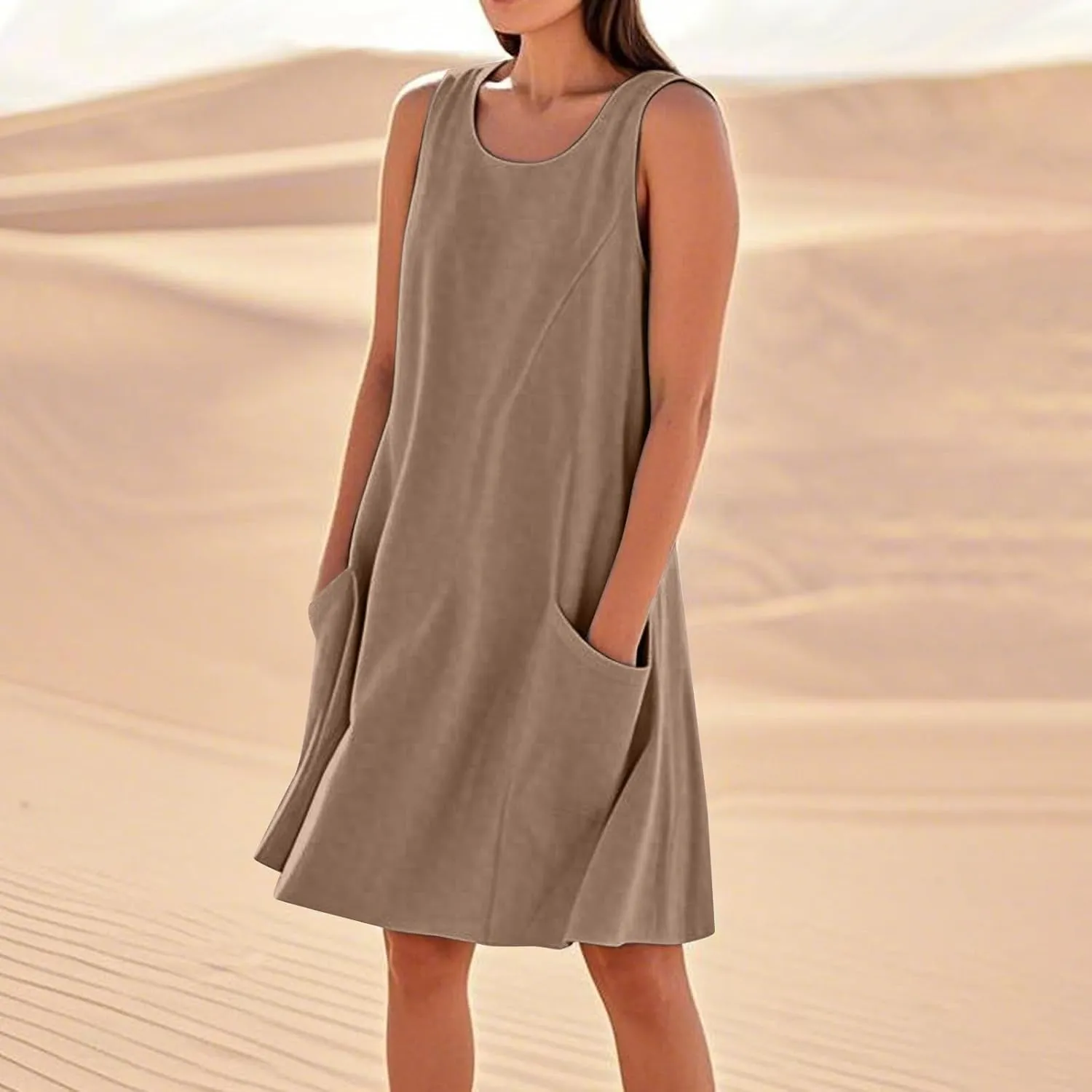Tank Dresses for Women Trendy Sleeveless Boho Dress Flowy Mini Sundresses Casual Scoop Neck Summer Sundress with Pocket