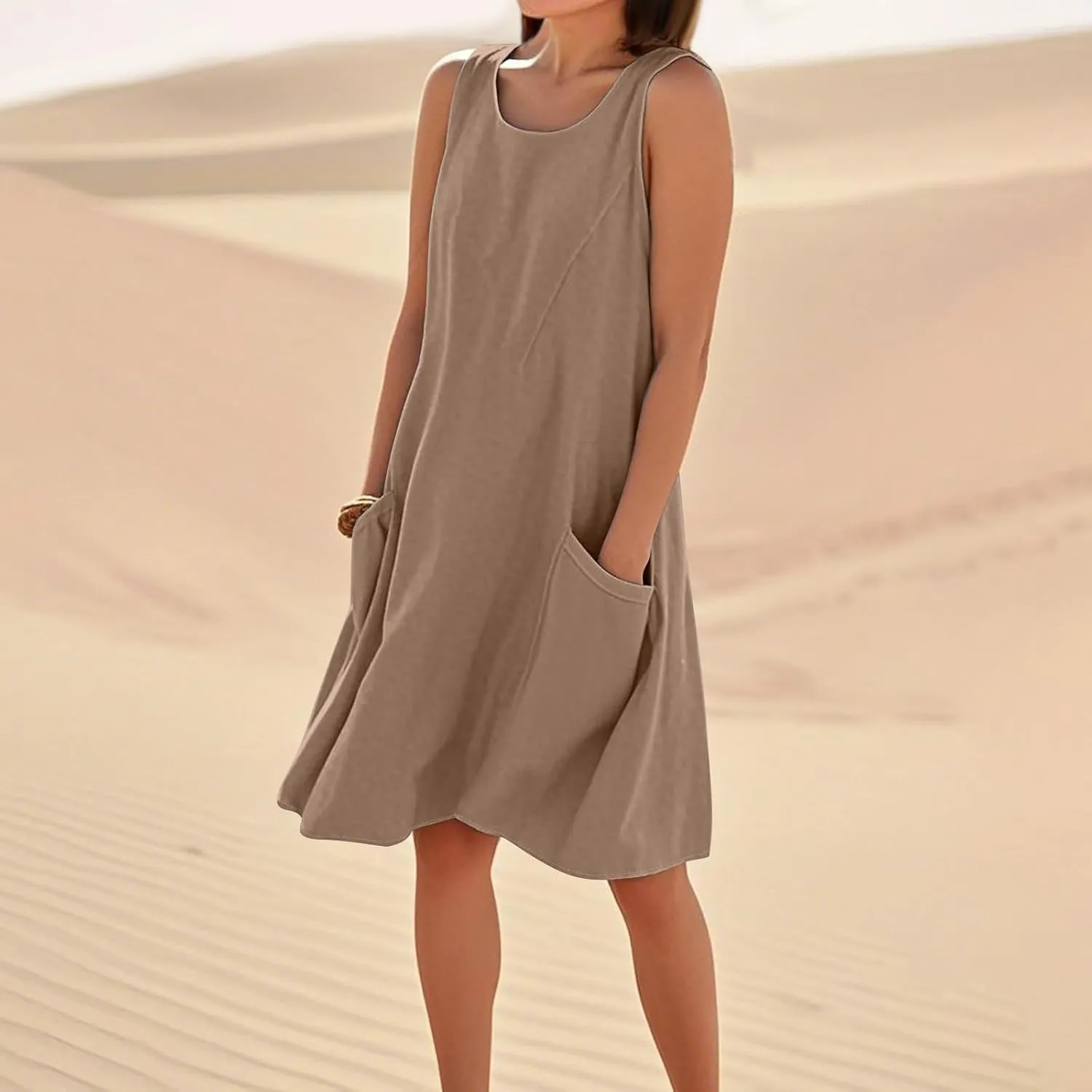 Tank Dresses for Women Trendy Sleeveless Boho Dress Flowy Mini Sundresses Casual Scoop Neck Summer Sundress with Pocket