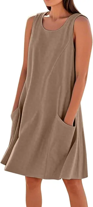 Tank Dresses for Women Trendy Sleeveless Boho Dress Flowy Mini Sundresses Casual Scoop Neck Summer Sundress with Pocket