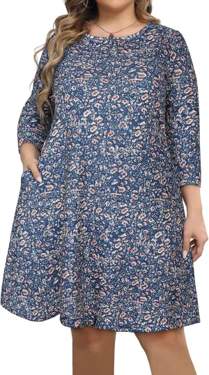 Tanst Sky Womens Casual Round Neck Plus Size Floral Tunic Shirt Dress with Pockets