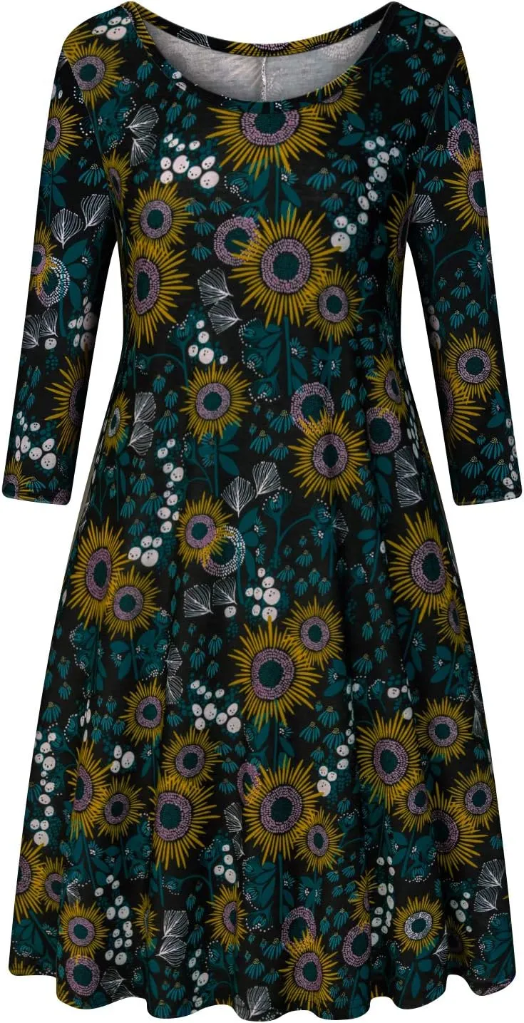Tanst Sky Womens Casual Round Neck Plus Size Floral Tunic Shirt Dress with Pockets