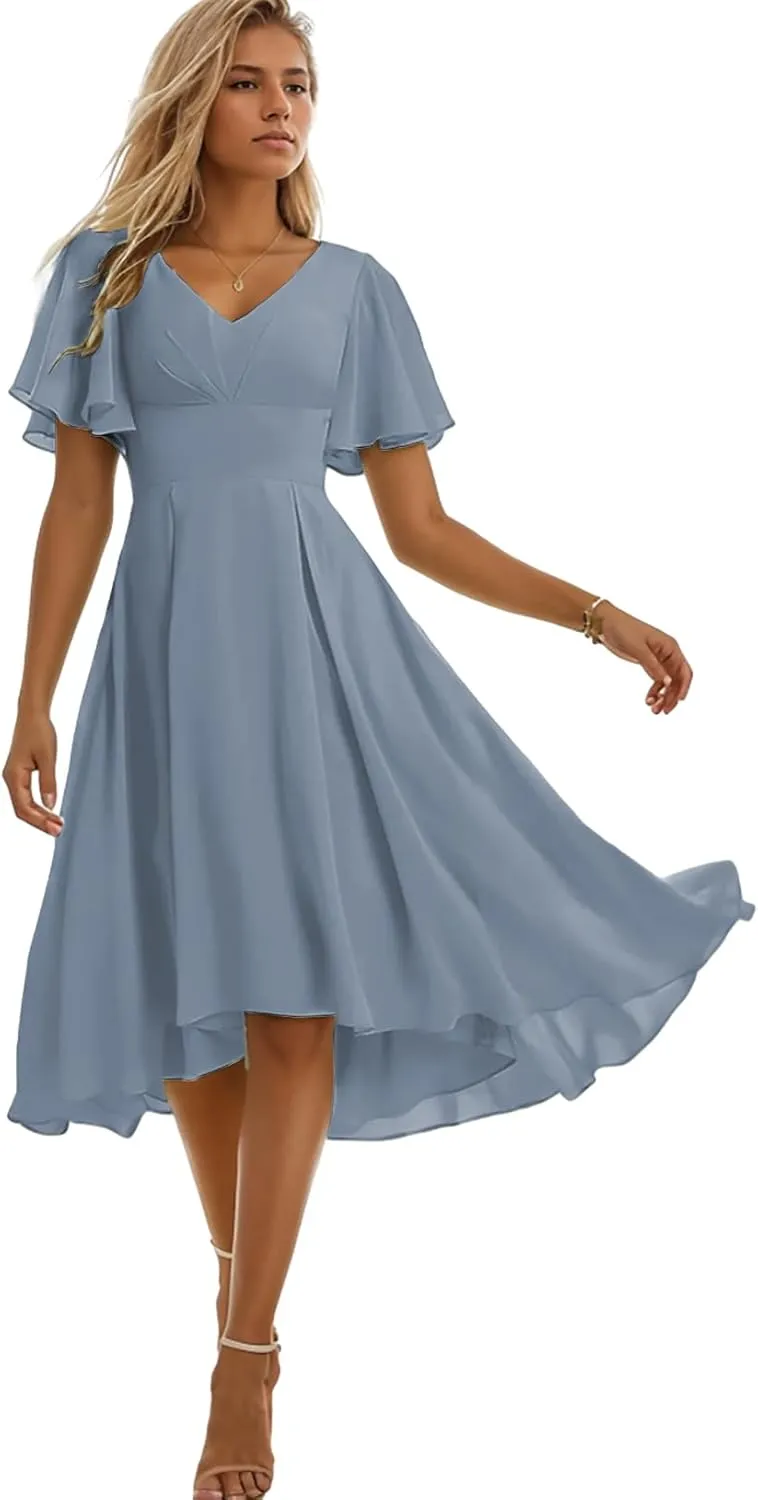 Tea Length Bridesmaid Dresses for Women Ruffles Chiffon Formal Dress with Sleeves Corset Evening Gowns