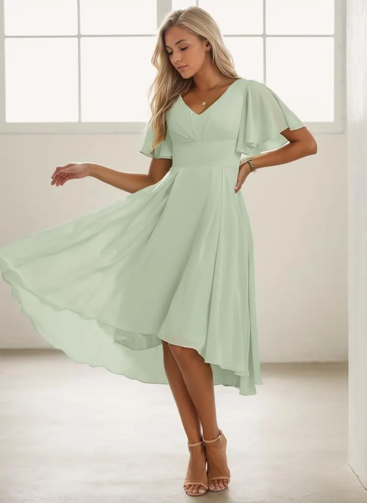 Tea Length Bridesmaid Dresses for Women Ruffles Chiffon Formal Dress with Sleeves Corset Evening Gowns