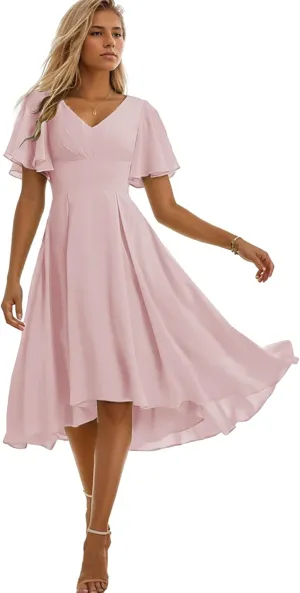 Tea Length Bridesmaid Dresses for Women Ruffles Chiffon Formal Dress with Sleeves Corset Evening Gowns