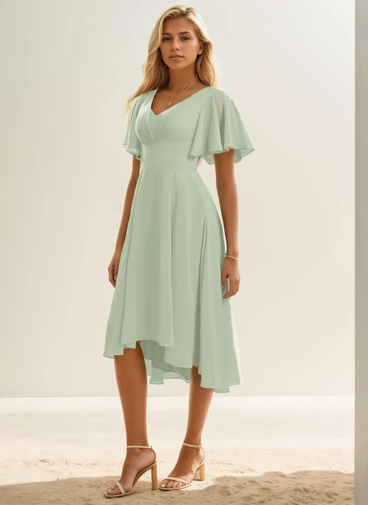 Tea Length Bridesmaid Dresses for Women Ruffles Chiffon Formal Dress with Sleeves Corset Evening Gowns