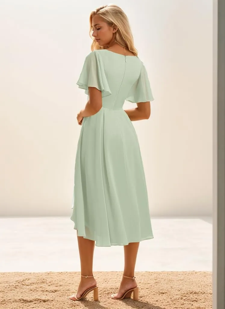 Tea Length Bridesmaid Dresses for Women Ruffles Chiffon Formal Dress with Sleeves Corset Evening Gowns