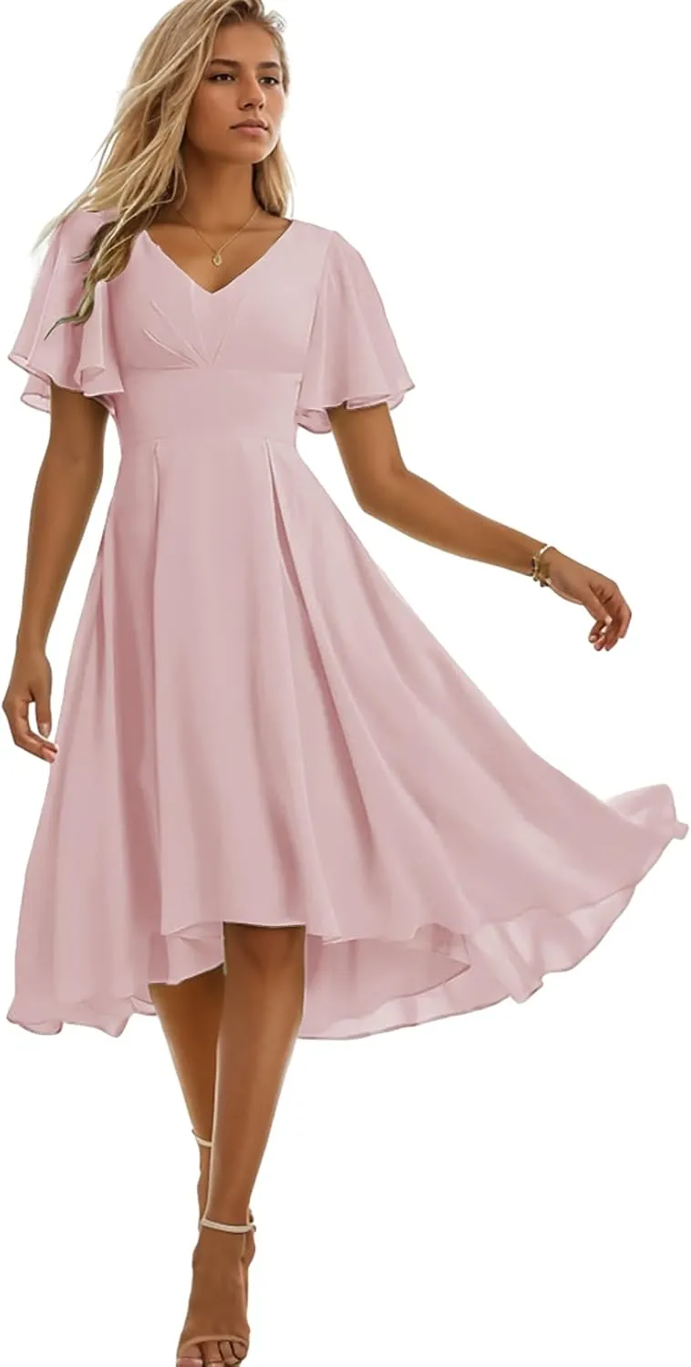 Tea Length Bridesmaid Dresses for Women Ruffles Chiffon Formal Dress with Sleeves Corset Evening Gowns