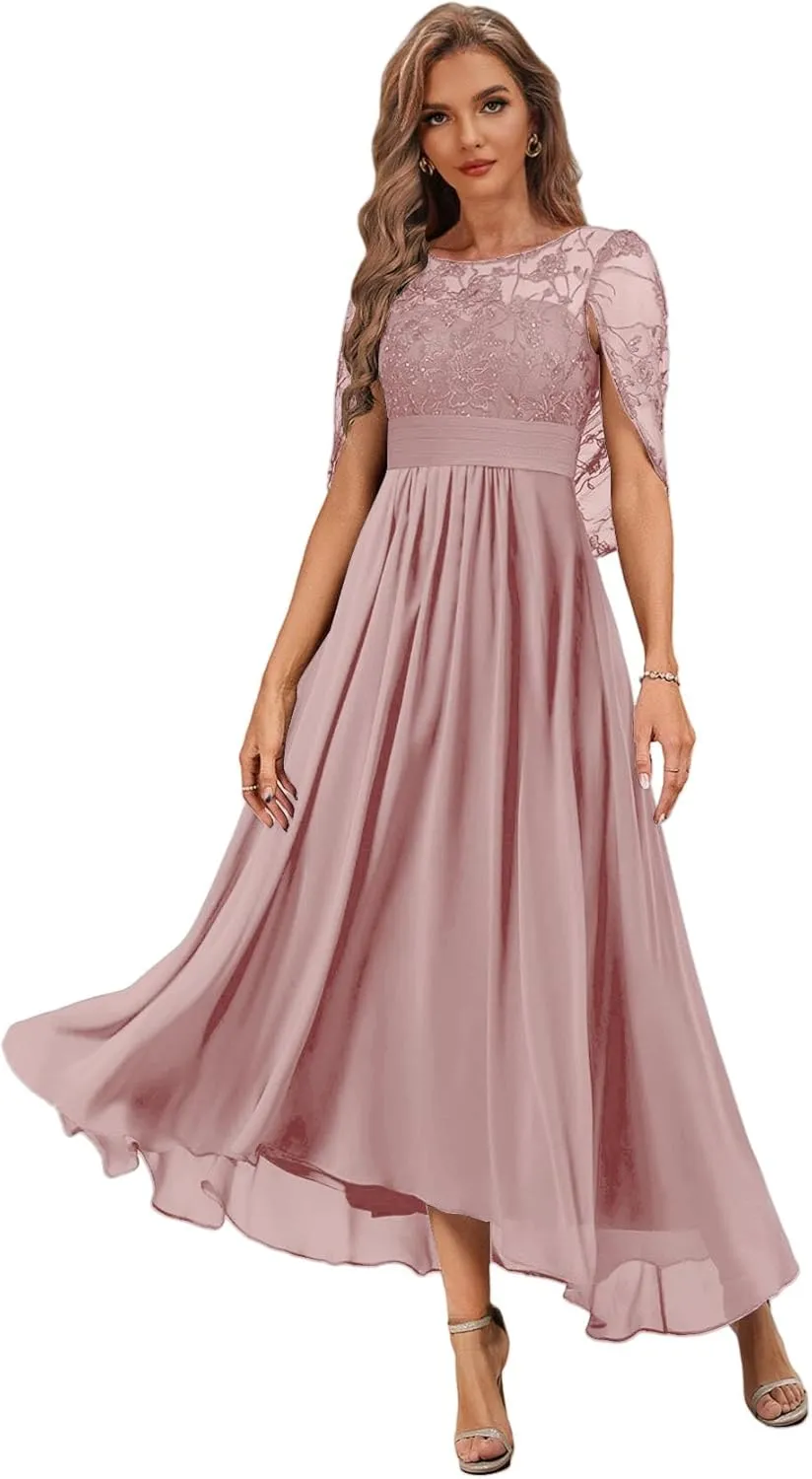 Tea Length Mother of The Bride Dress with Cape High Low Formal Dresses for Women Chiffon Lace Evening Gown