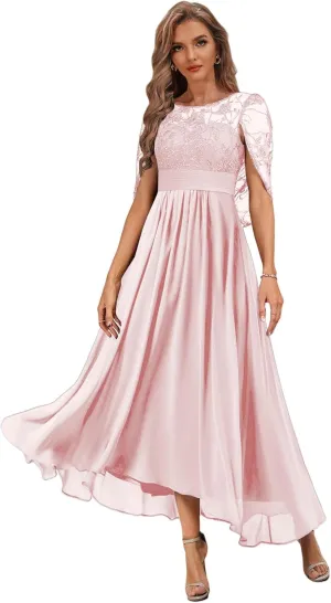 Tea Length Mother of The Bride Dress with Cape High Low Formal Dresses for Women Chiffon Lace Evening Gown