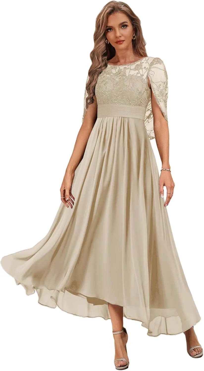 Tea Length Mother of The Bride Dress with Cape High Low Formal Dresses for Women Chiffon Lace Evening Gown