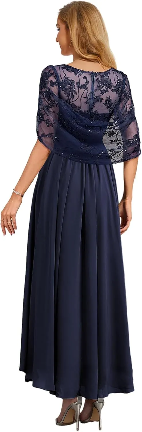 Tea Length Mother of The Bride Dress with Cape High Low Formal Dresses for Women Chiffon Lace Evening Gown