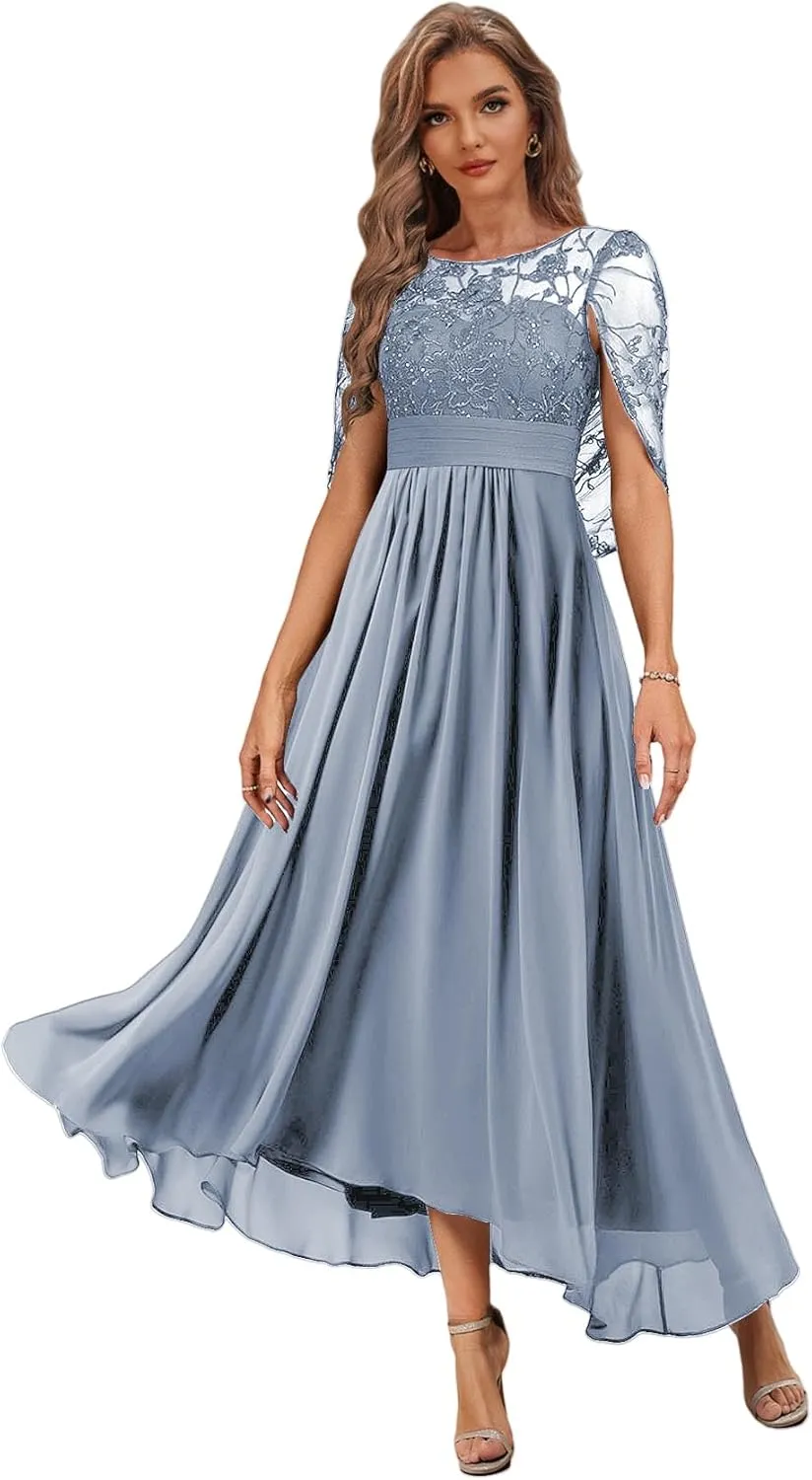 Tea Length Mother of The Bride Dress with Cape High Low Formal Dresses for Women Chiffon Lace Evening Gown