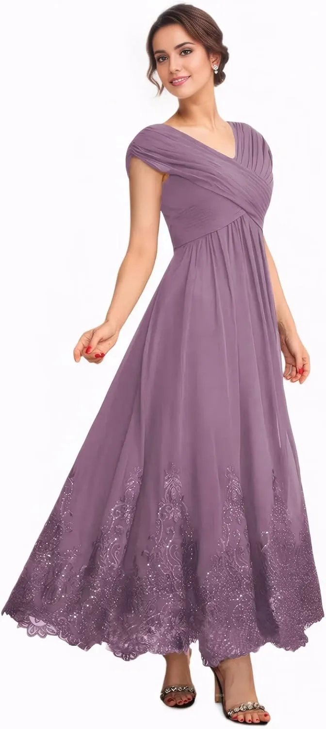 Tea Length Mother of The Bride Dresses for Wedding 2025 Lace Wedding Dress Chiffon Formal Evening Dresses for Women