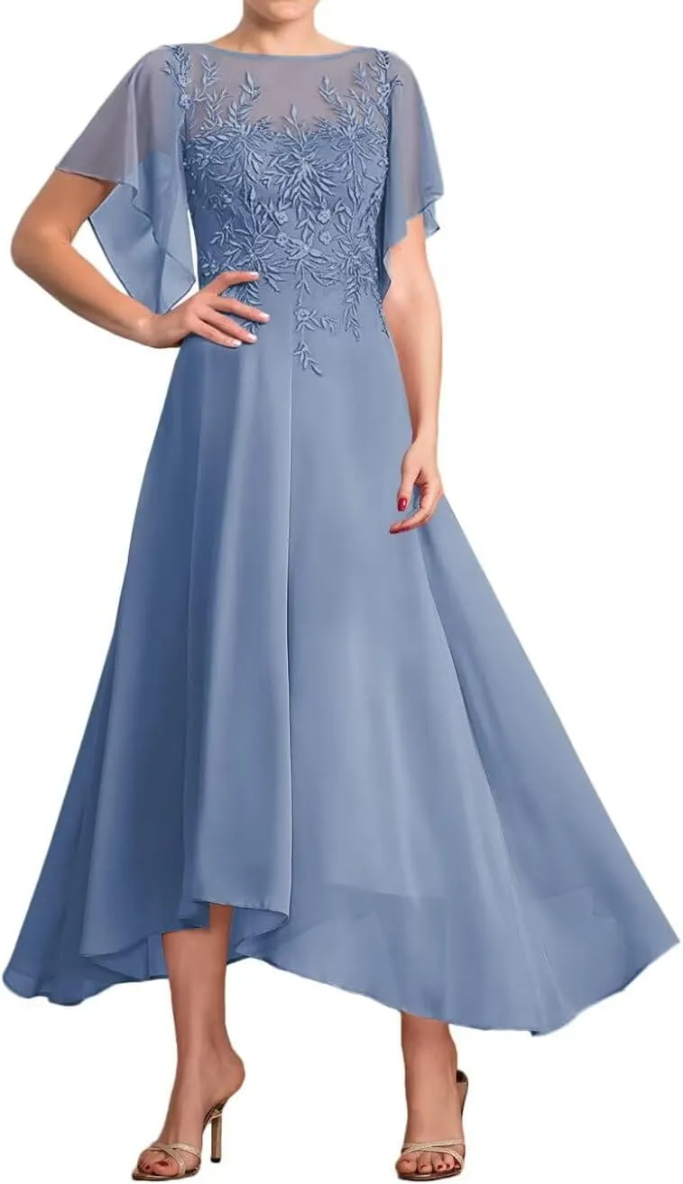 Tea Length Mother of The Bride Dresses for Wedding Lace Appliques Wedding Dresses for Bride with Flutter Sleeve