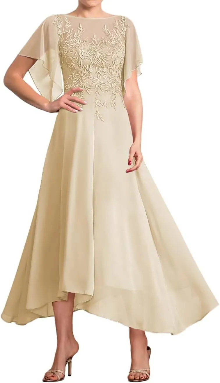 Tea Length Mother of The Bride Dresses for Wedding Lace Appliques Wedding Dresses for Bride with Flutter Sleeve