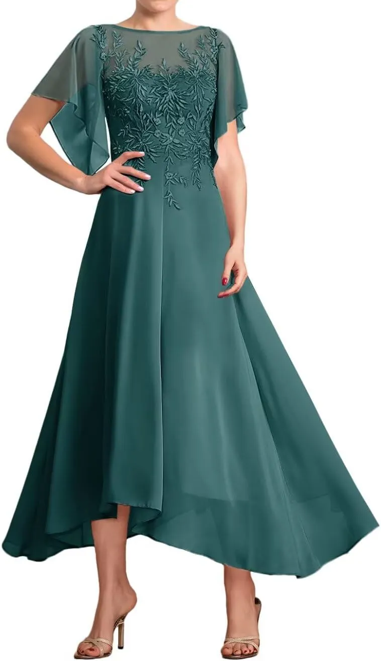 Tea Length Mother of The Bride Dresses for Wedding Lace Appliques Wedding Dresses for Bride with Flutter Sleeve