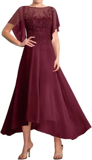Tea Length Mother of The Bride Dresses for Wedding Lace Appliques Wedding Dresses for Bride with Flutter Sleeve