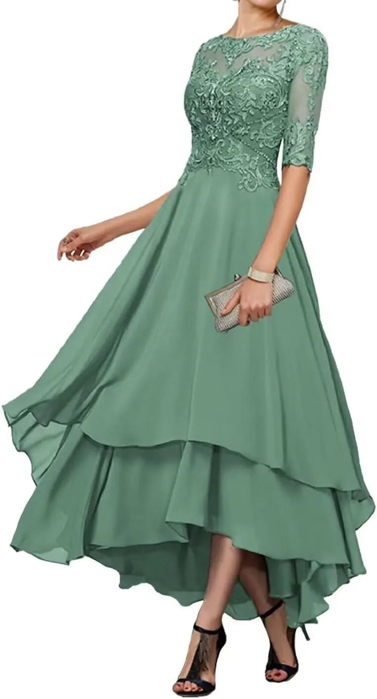 Tea Length Mother of The Bride Dresses for Wedding Lace Formal Dresses with Sleeves Evening Party Gown