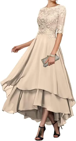 Tea Length Mother of The Bride Dresses for Wedding Lace Formal Dresses with Sleeves Evening Party Gown