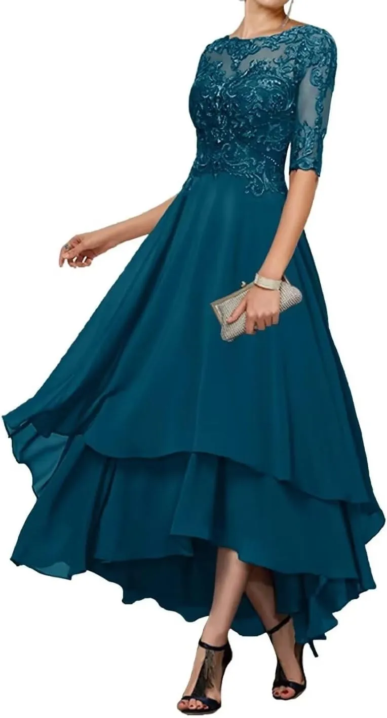 Tea Length Mother of The Bride Dresses for Wedding Lace Formal Dresses with Sleeves Evening Party Gown