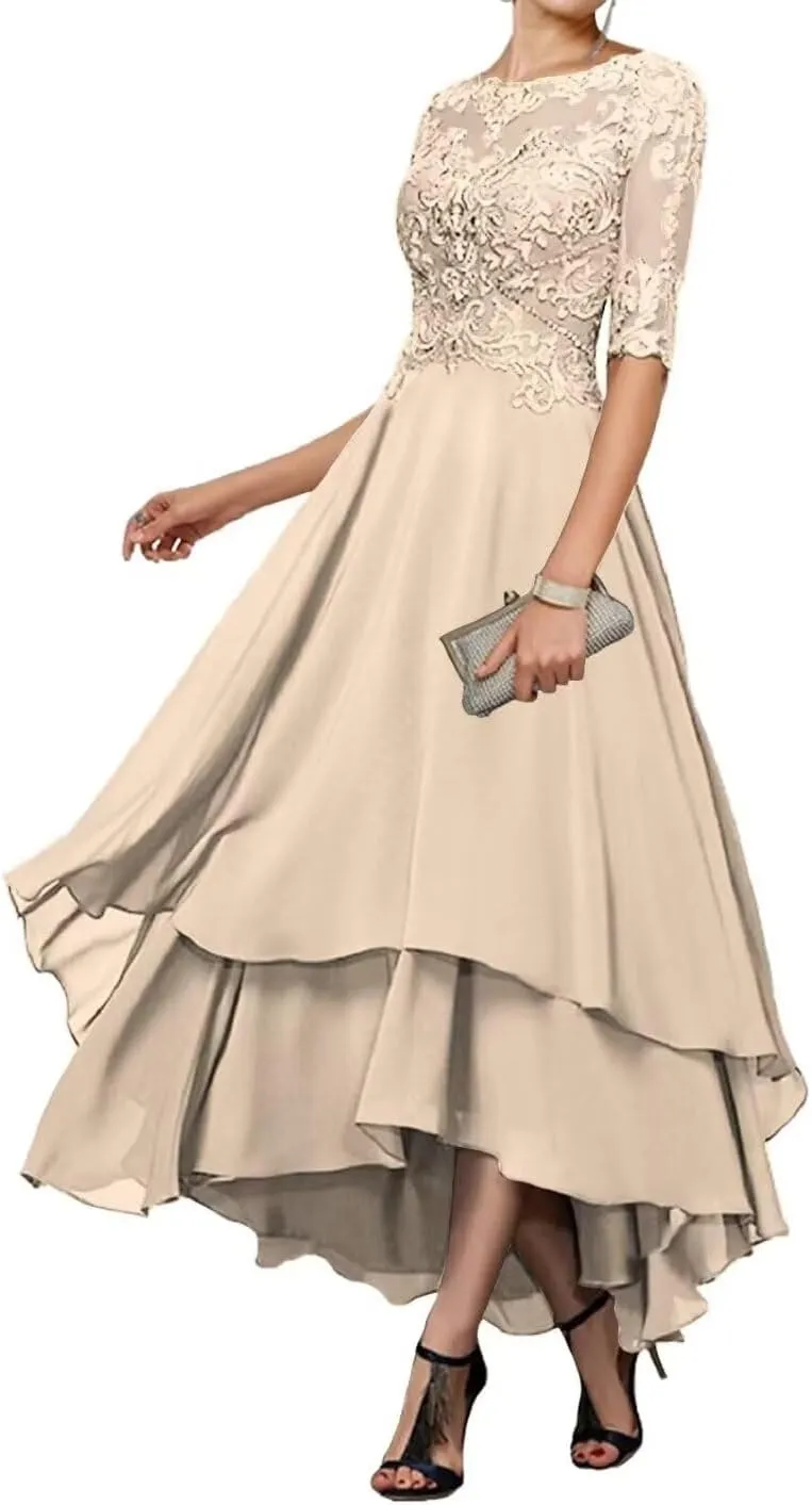 Tea Length Mother of The Bride Dresses for Wedding Lace Formal Dresses with Sleeves Evening Party Gown