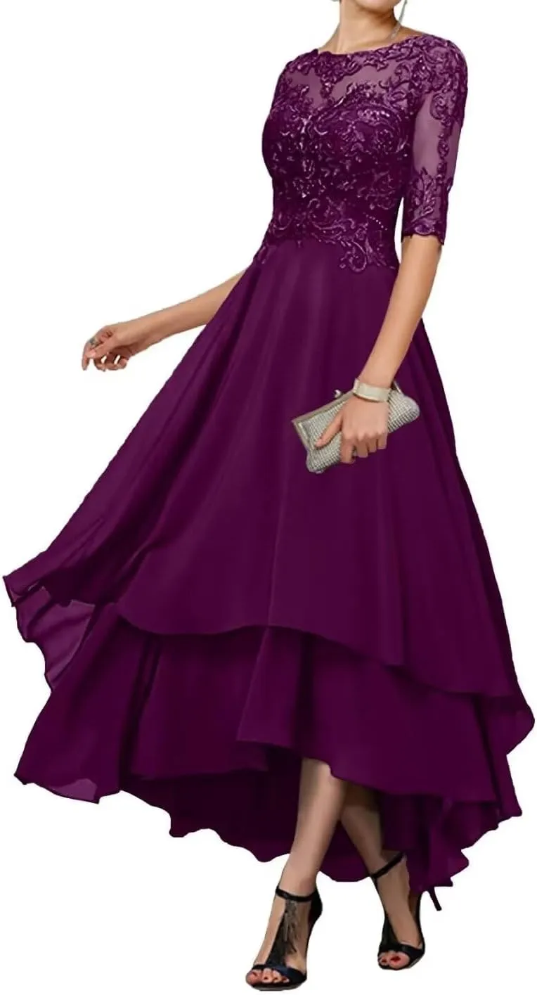 Tea Length Mother of The Bride Dresses for Wedding Lace Formal Dresses with Sleeves Evening Party Gown