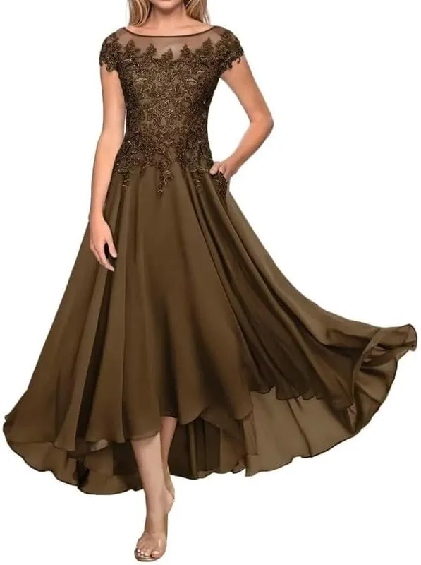 Tea Length Mother of The Bride Dresses for Wedding Women's Laces Appliques Chiffon Formal Evening Dress with Pockets EDE003