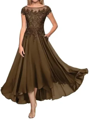 Tea Length Mother of The Bride Dresses for Wedding Women's Laces Appliques Chiffon Formal Evening Dress with Pockets EDE003