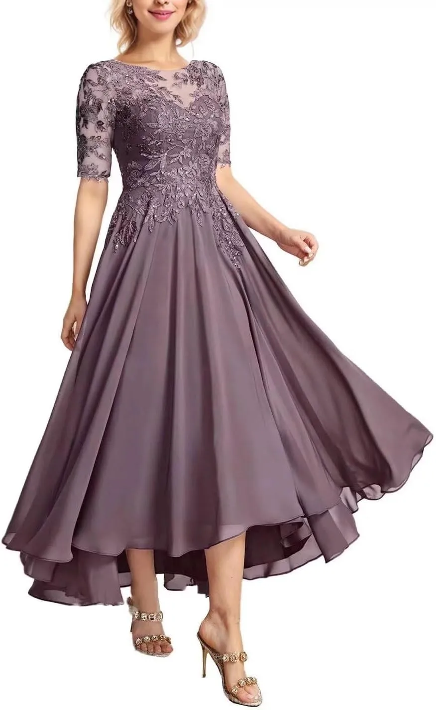 Tea Length Mother of The Bride Dresses for Women Chiffon Lace Wedding Dresses for Bride 2024