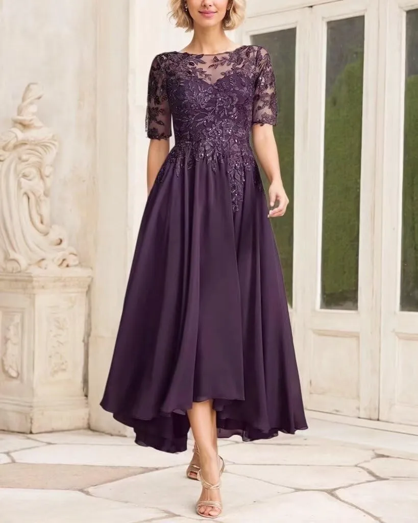 Tea Length Mother of The Bride Dresses for Women Chiffon Lace Wedding Dresses for Bride 2024