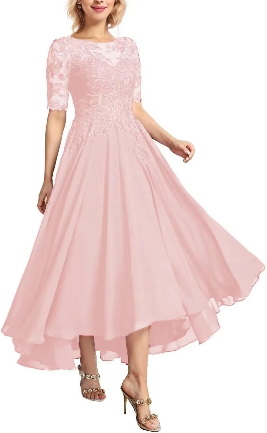 Tea Length Mother of The Bride Dresses for Women Chiffon Lace Wedding Dresses for Bride 2024