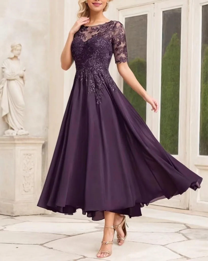 Tea Length Mother of The Bride Dresses for Women Chiffon Lace Wedding Dresses for Bride 2024
