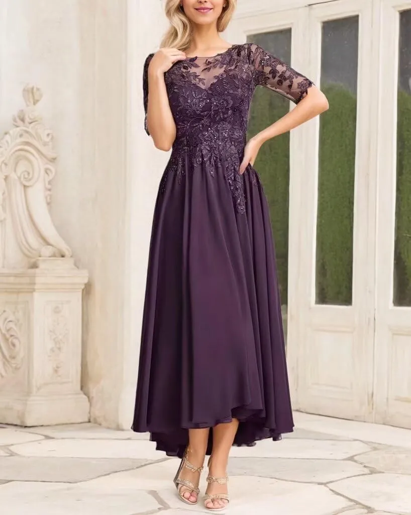 Tea Length Mother of The Bride Dresses for Women Chiffon Lace Wedding Dresses for Bride 2024