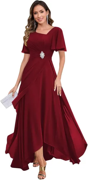 Tea Length Mother of The Bride Dresses for Women Chiffon Ruched Beaded Ruffles A-Line Formal Wedding Guest Dress