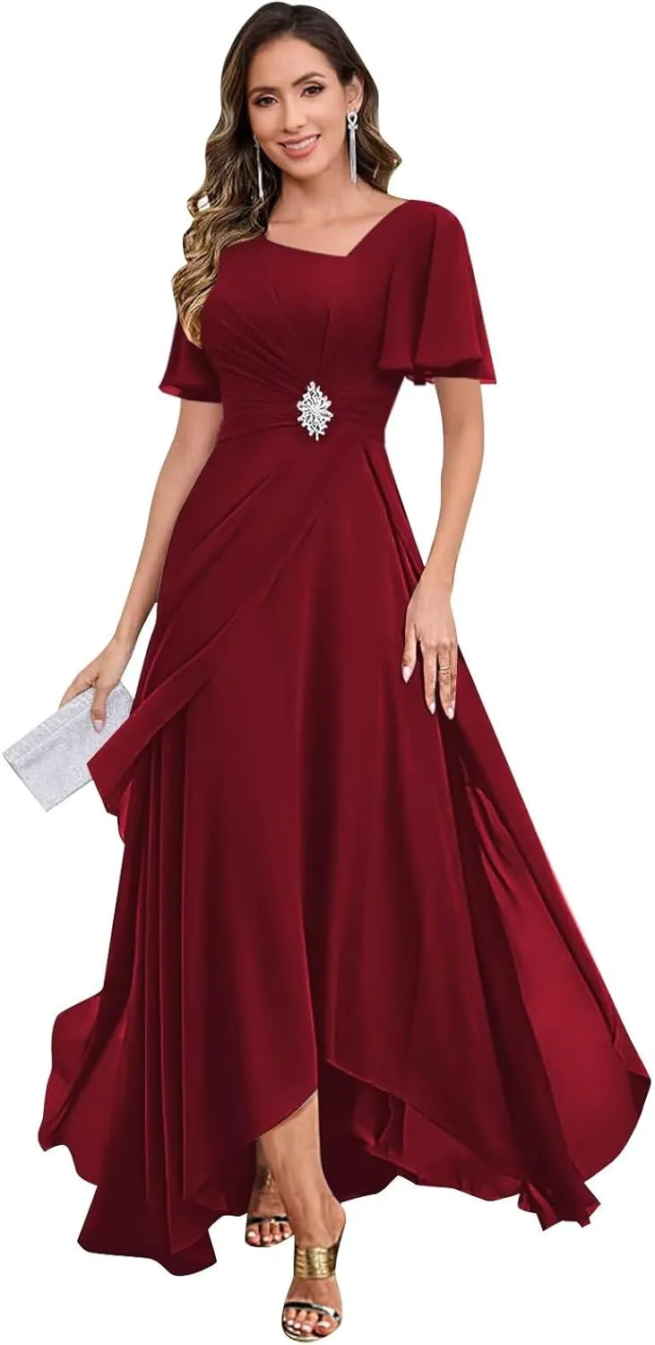 Tea Length Mother of The Bride Dresses for Women Chiffon Ruched Beaded Ruffles A-Line Formal Wedding Guest Dress