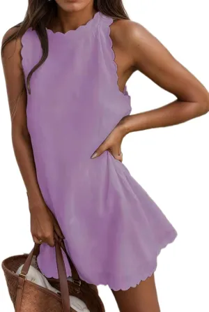 TIAFORD Women's Cotton Linen Sleeveless Scallop Tank Dress Summer Back Zipper Mini Sundress Casual Beach Short Dresses