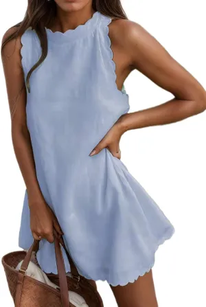 TIAFORD Women's Cotton Linen Sleeveless Scallop Tank Dress Summer Back Zipper Mini Sundress Casual Beach Short Dresses