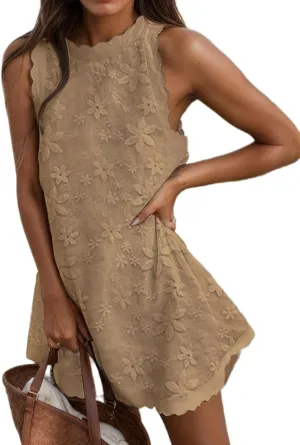 TIAFORD Women's Cotton Linen Sleeveless Scallop Tank Dress Summer Back Zipper Mini Sundress Casual Beach Short Dresses