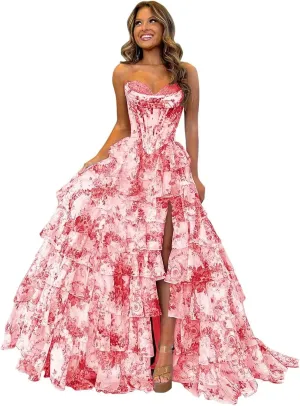Tiered Floral Prom Dresses for Teens 2025 Corset Strapless Long Ruffle Formal Evening Gowns with Slit