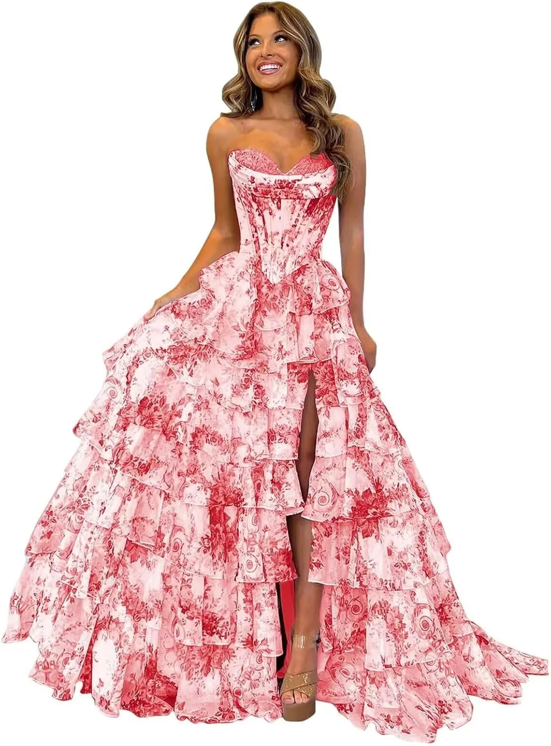 Tiered Floral Prom Dresses for Teens 2025 Corset Strapless Long Ruffle Formal Evening Gowns with Slit