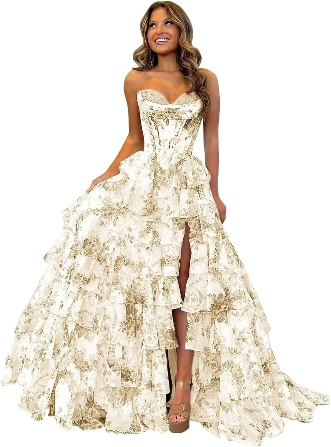 Tiered Floral Prom Dresses for Teens 2025 Corset Strapless Long Ruffle Formal Evening Gowns with Slit