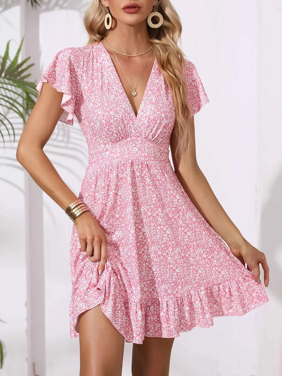 TORARY Womens Summer Dresses 2025 Floral Cap Sleeve Wrap V Neck Ruffle A-Line Sun Dress