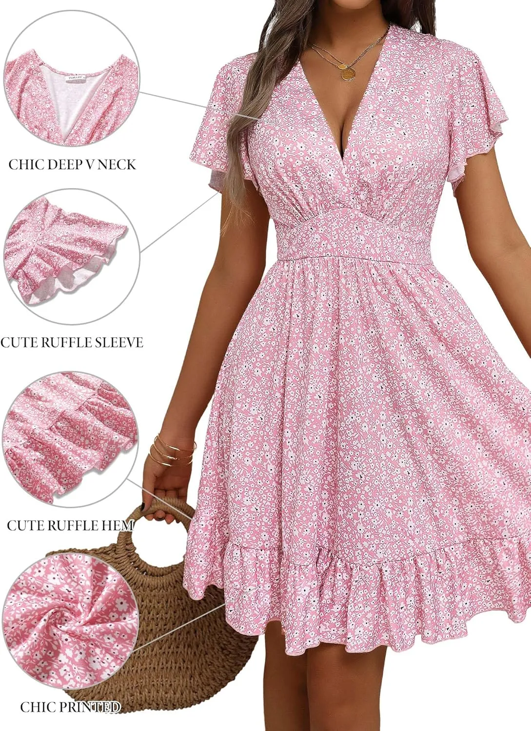 TORARY Womens Summer Dresses 2025 Floral Cap Sleeve Wrap V Neck Ruffle A-Line Sun Dress