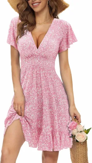 TORARY Womens Summer Dresses 2025 Floral Cap Sleeve Wrap V Neck Ruffle A-Line Sun Dress