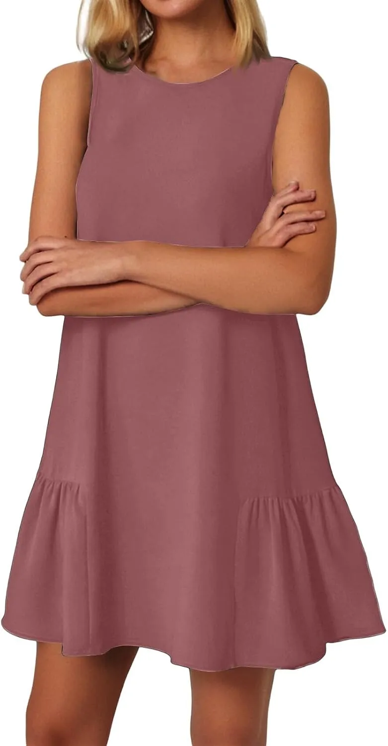 Tshirt Dress Women Summer Sleeveless Ruffle Hem Mini Dress Casual Crewneck T Shirt Dresses Cute Plain Sundresses 2025