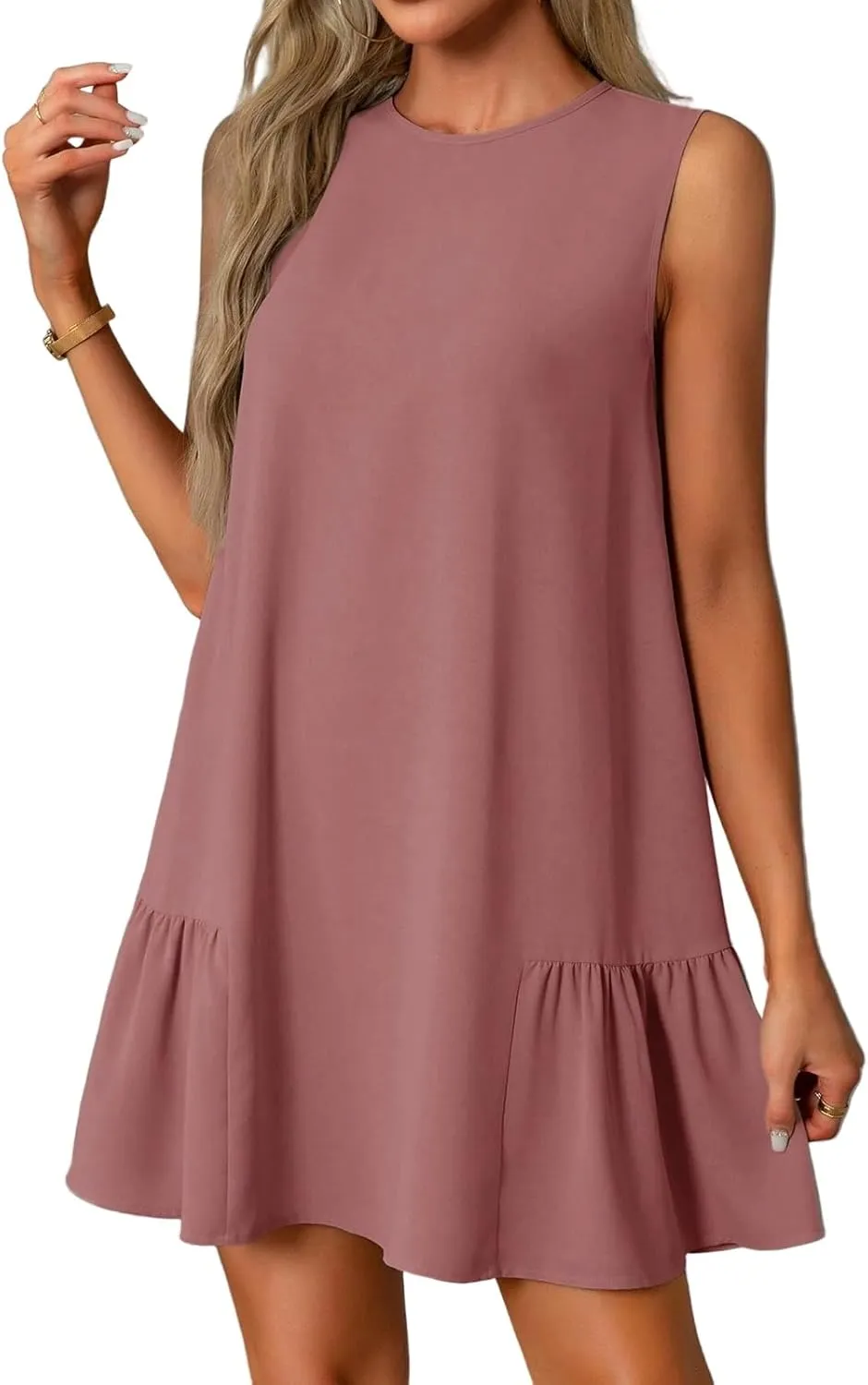 Tshirt Dress Women Summer Sleeveless Ruffle Hem Mini Dress Casual Crewneck T Shirt Dresses Cute Plain Sundresses 2025