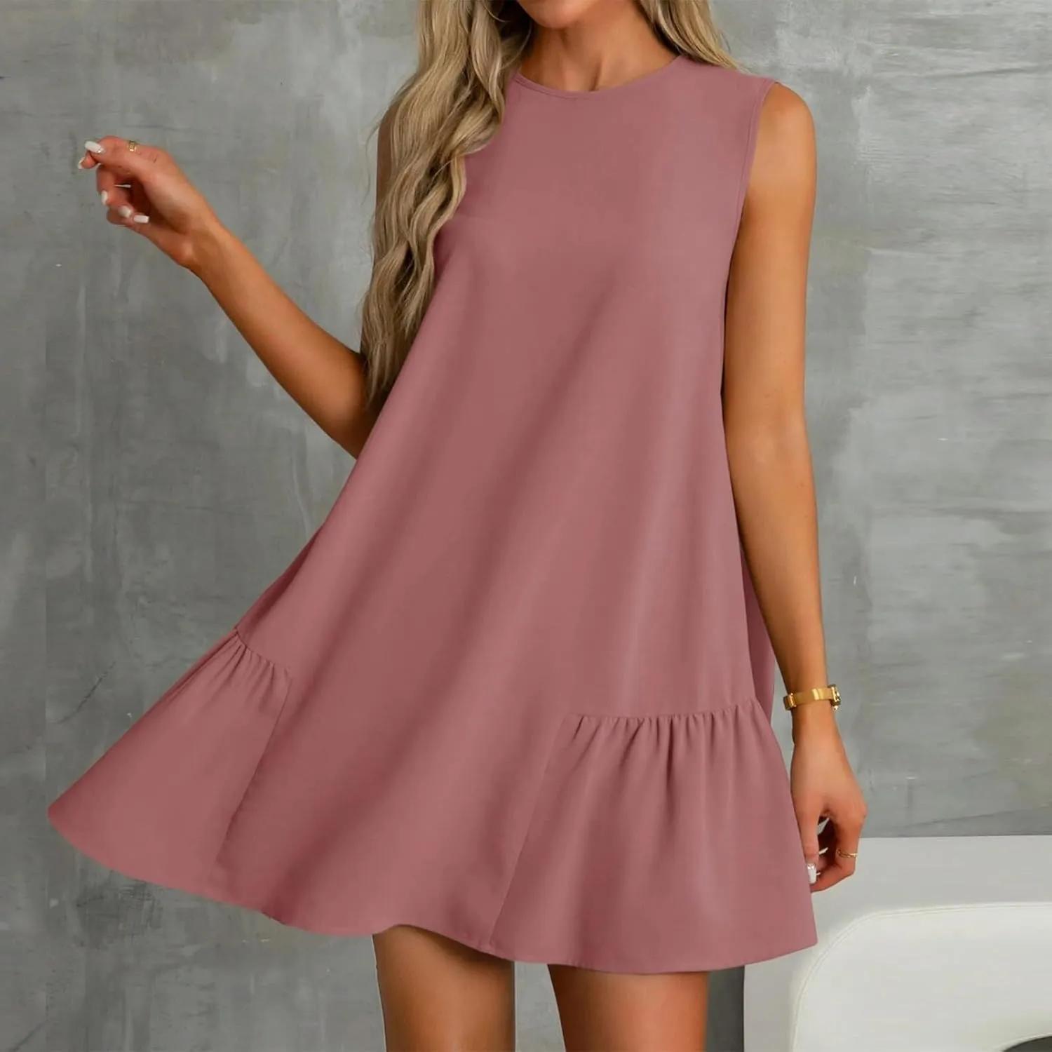 Tshirt Dress Women Summer Sleeveless Ruffle Hem Mini Dress Casual Crewneck T Shirt Dresses Cute Plain Sundresses 2025